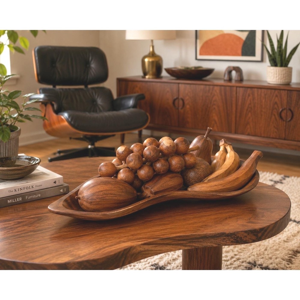 Vintage Monkey Pod Wood Fruit Set Hand Carved MCM Tray 10 Piece Centerpiece